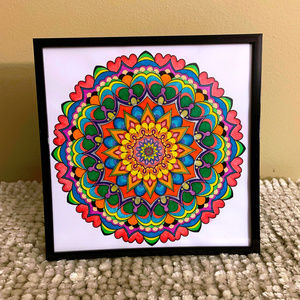 Hand Colored Mandala Wall Art  in Black Frame